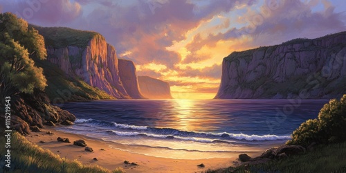 A serene sunset over a tranquil bay, framed by cliffs and gentle waves.