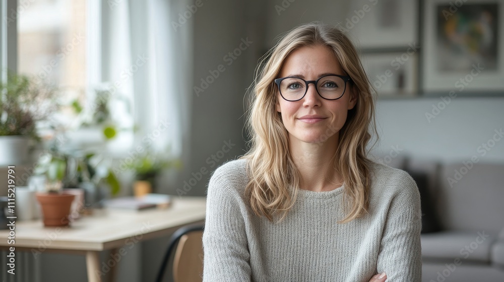 Portrait of a Confident Woman Smiling at Home, Wearing Glasses in a Modern Apartment Setting Portrait of a Confident Woman Smiling at Home, Wearing Glasses in a Modern Apartment Setting