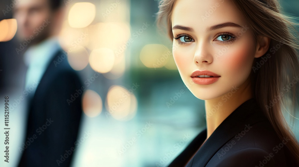 Naklejka premium Beautiful young woman in a business suit looking at the camera, with a blurred man walking behind her in the background. 