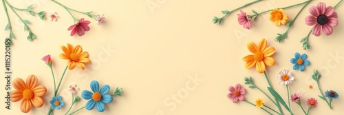 Colorful summer flowers arranged in a paper cut frame on a beige background, perfect for posters, banners, greeting cards, with copy space, flowers, beige background photo