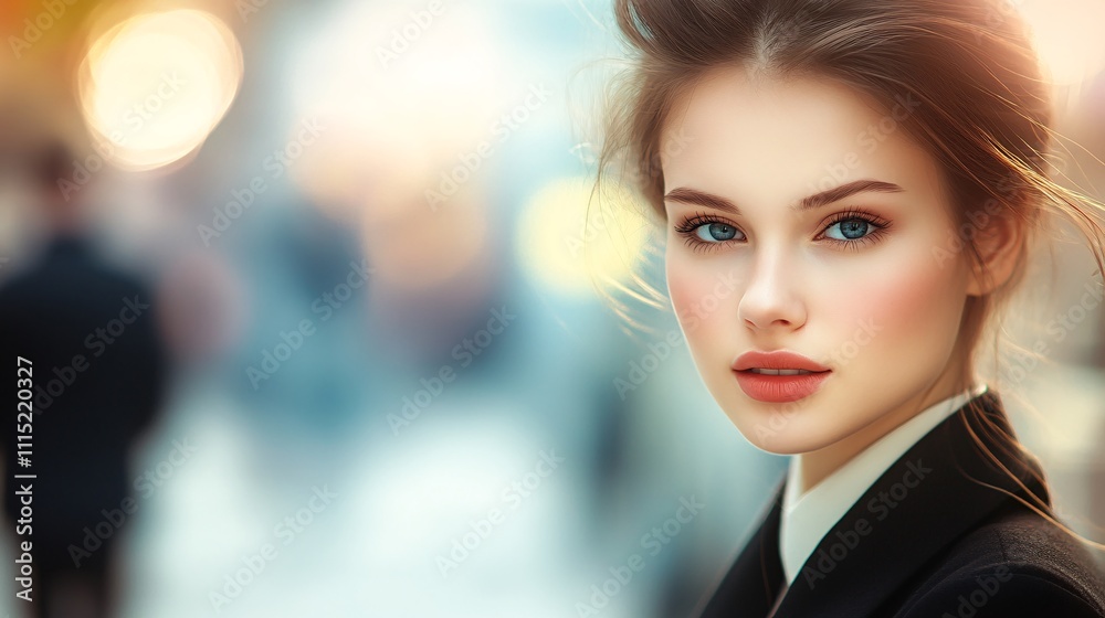 custom made wallpaper toronto digitalBeautiful young woman in a business suit looking at the camera, with a blurred man walking behind her in the background. 