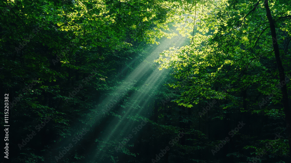 Fototapeta premium natural transpiration process concept. Sun rays penetrate dense forest canopy, creating serene atmosphere