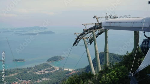 Cable car approaching station and unloading tourists at Langkawi, Malaysia.