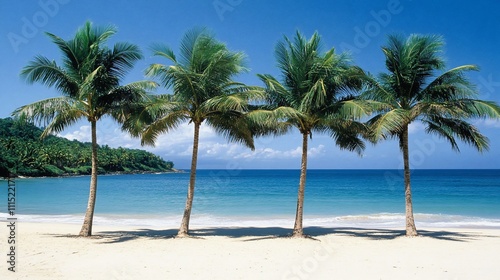 Four palm trees on a tropical beach.