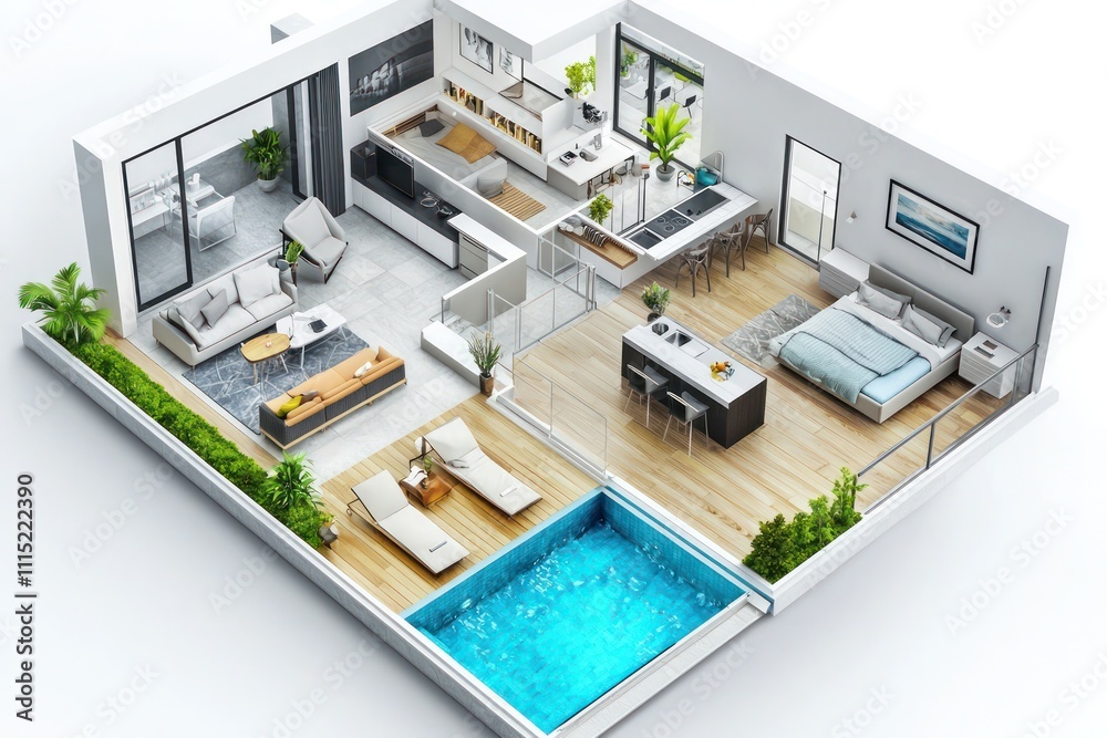 Isometric view of a modern apartment floor plan with a pool and living area. Isometric view of a modern apartment floor plan with a pool and living area.