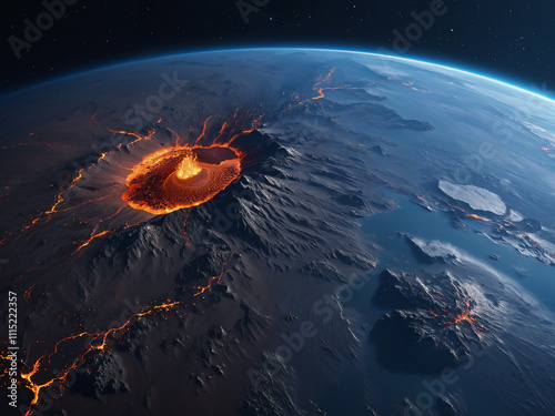 Generated digital hyper-realistic volcanic prehistoric unhabitable planet surface, seen from space. photo