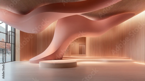 Modern Interior with Curved Forms and Soft Pink Tones photo