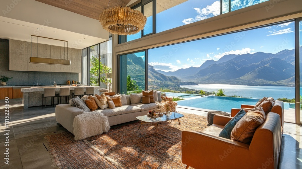 Fototapeta premium Modern living room with panoramic mountain view and infinity pool.