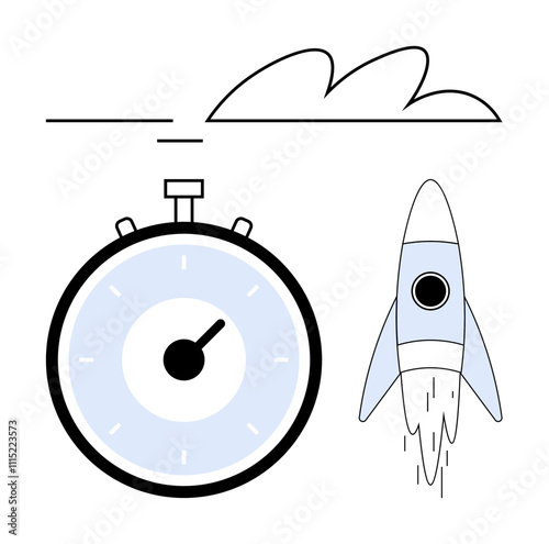 Stopwatch rocket and cloud elements. Ideal for themes of speed, efficiency, innovation, technology, time management, project launch, and progress. Line metaphor