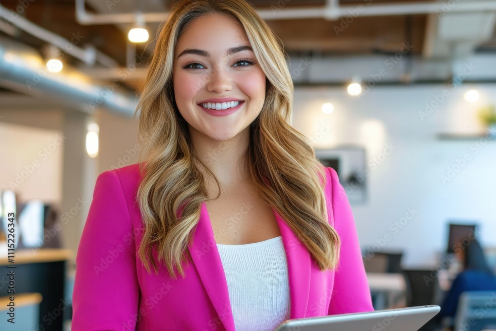 Young woman pink blazer white top tablet device office environment modern workspace smiling Young woman pink blazer white top tablet device office environment modern workspace smiling