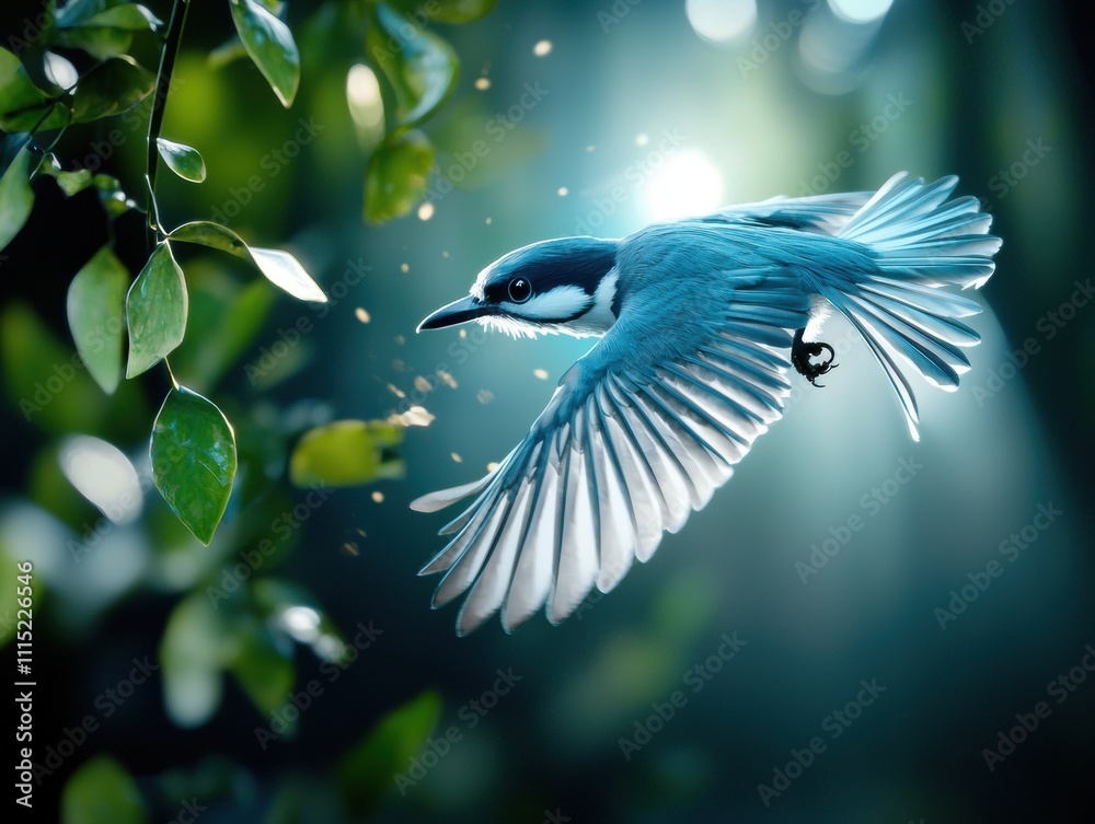 Fototapeta premium Majestic Blue Bird in Flight Through Lush Green Foliage.