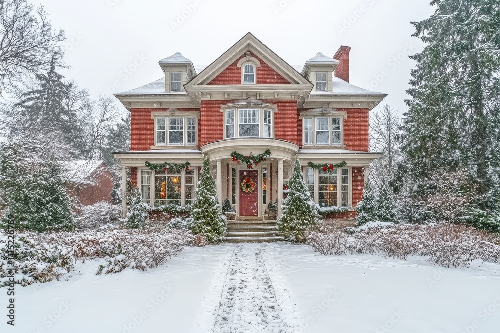 Red brick house decorated for Christmas, white trim, snowy winter in ...