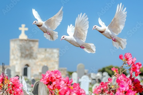 Always loved and remembered. White doves flying over a cemetery adorned with vibrant flowers. photo