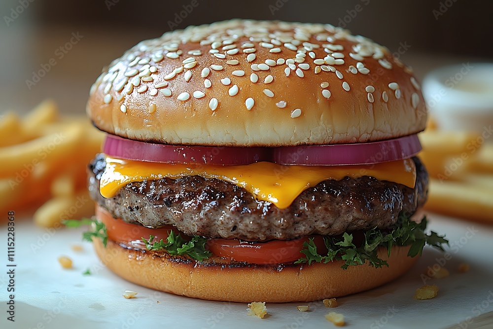 Close-up of a miniature, decorative, red hamburger with cheese.