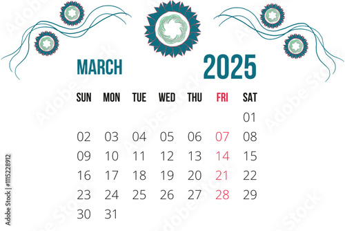 new year calendar 2025 single  march 