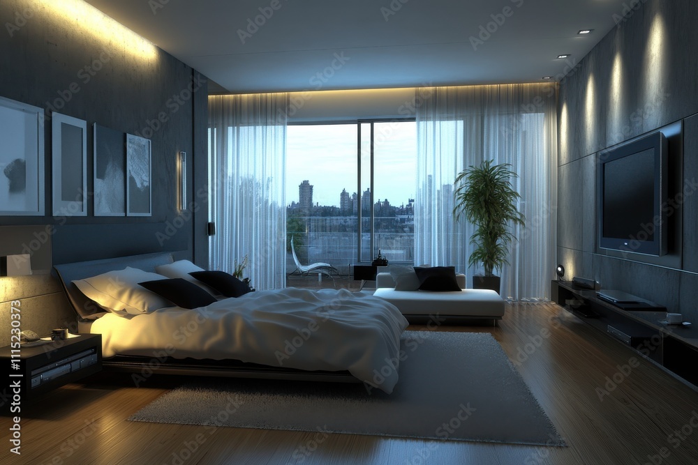 Fototapeta premium Luxurious modern bedroom spacious interior design king-size bed with white bedding