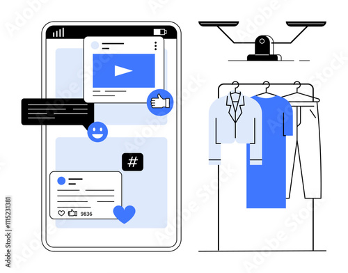 Smartphone showcasing social media interactions alongside clothing rack with shirts and pants. Ideal for social media marketing, e-commerce, fashion, retail, mobile apps, user engagement, online