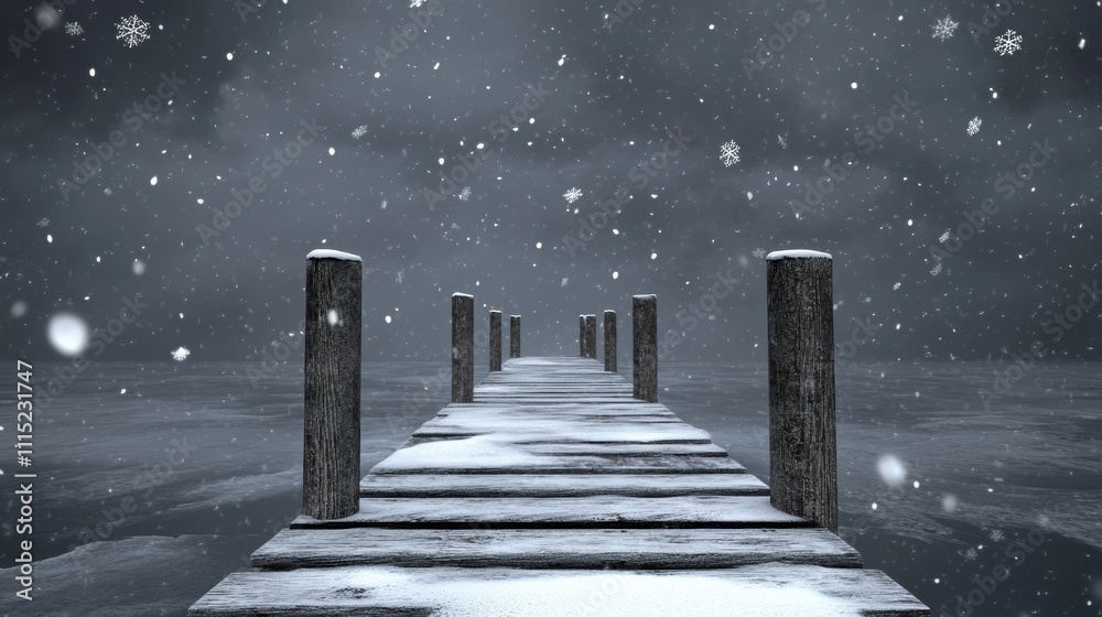 Snowy Pier in Winter with Dark Clouds and Falling Snowflakes Snowy Pier in Winter with Dark Clouds and Falling Snowflakes
