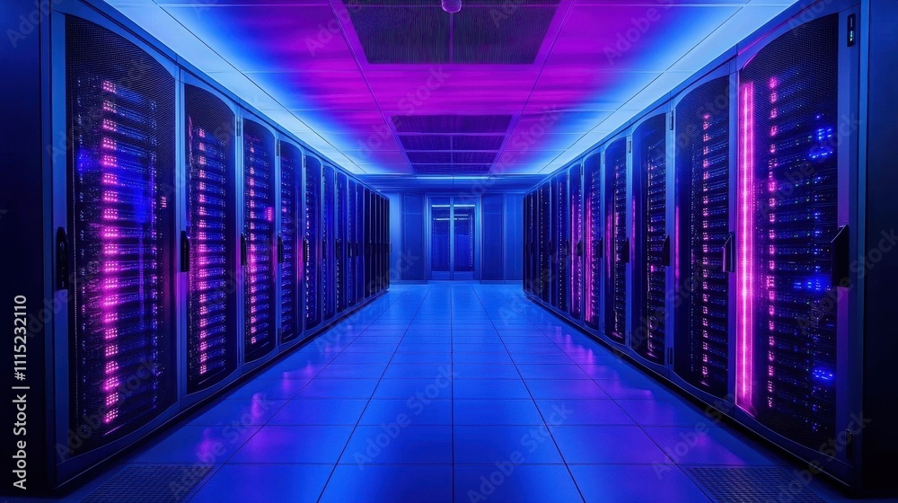 Fototapeta premium Rows of glowing servers in a modern data center. Illustrates data storage, processing power, and digital technology.