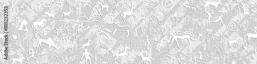 Seamless petroglyph border, rock paintings, light gray background, vector design