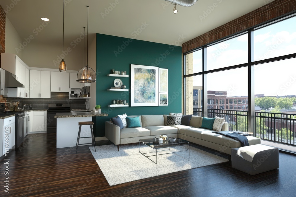 Modern open concept apartment teal accent wall white kitchen cabinets dark hardwood floors Modern open concept apartment teal accent wall white kitchen cabinets dark hardwood floors