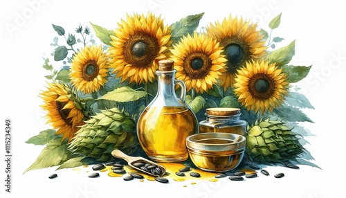 Sunflowers Seed Oil plantsation in watercolor illustration with loose and fluid forms,