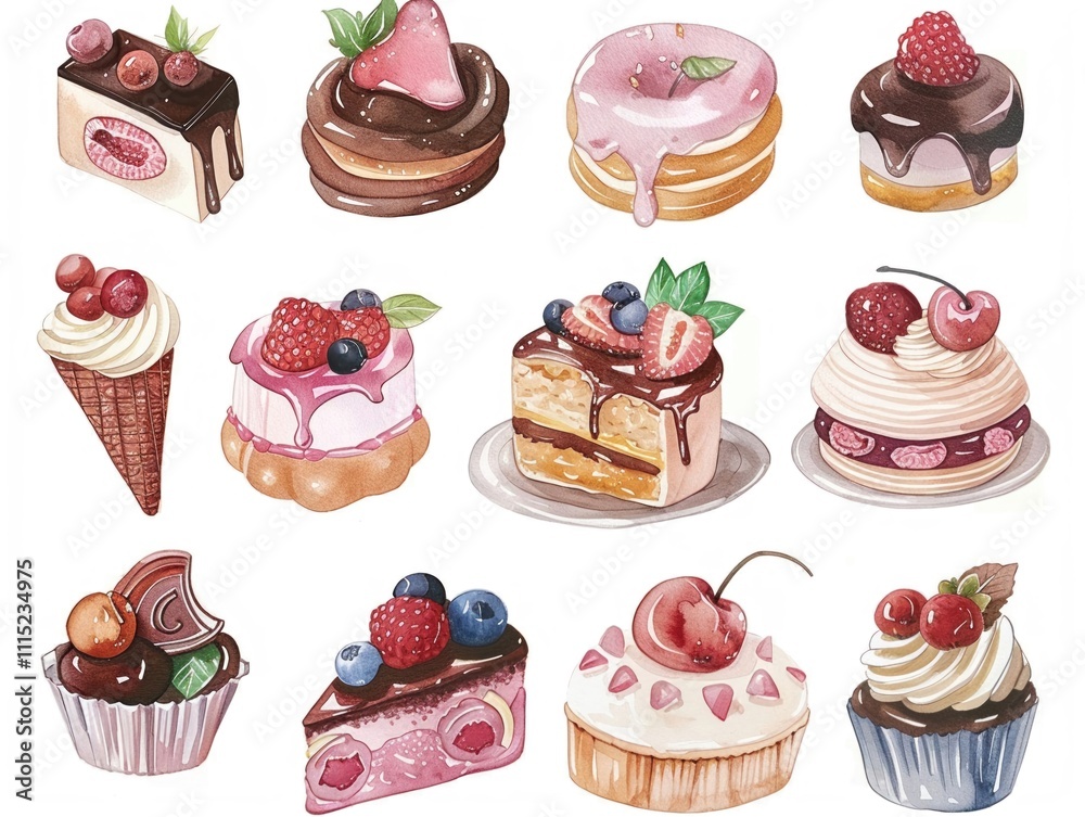 Hand-drawn cute dessert stickers in watercolor sugary pastel sweetness Hand-drawn cute dessert stickers in watercolor sugary pastel sweetness