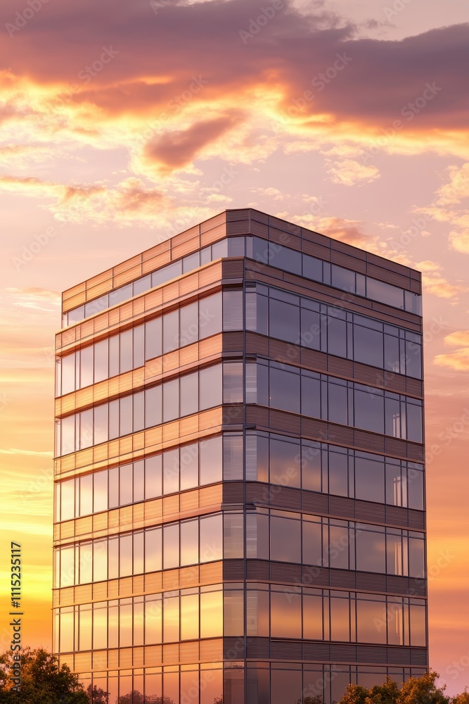 Fototapeta premium Magnificent Sunset Over Striking Modern Office Building
