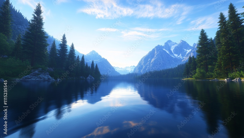 Fototapeta premium Serene mountain lake reflecting majestic peaks under a vibrant sky.