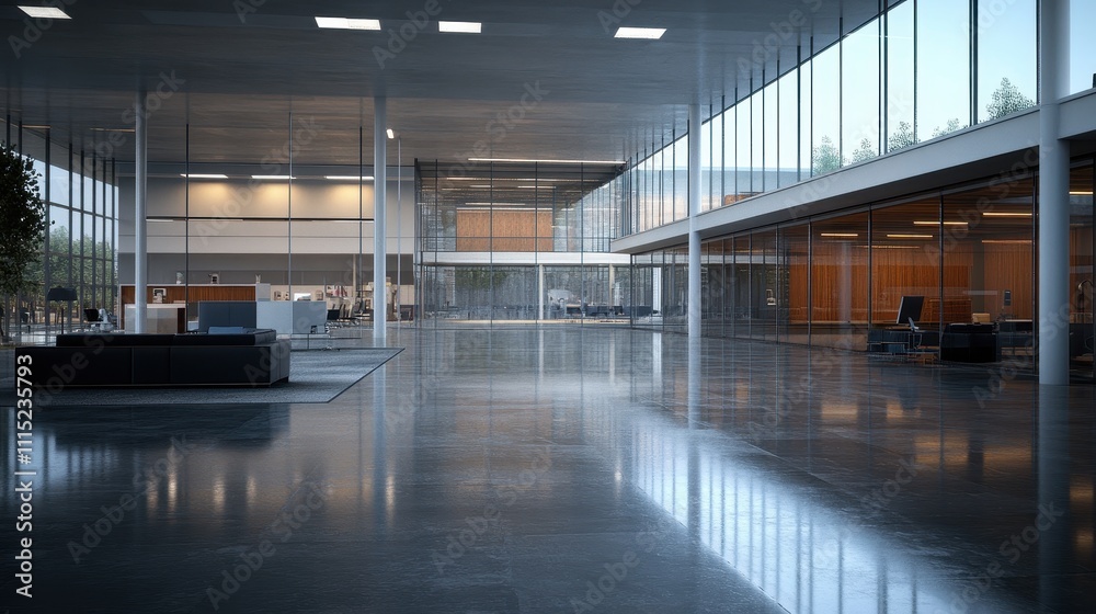 Elegant Modern Corporate Lobby with Glass Walls and Reflective Floor Elegant Modern Corporate Lobby with Glass Walls and Reflective Floor
