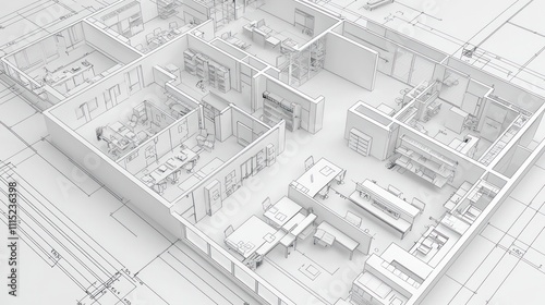 3D office interior layout plan on blueprint paper, detailed textures and design.