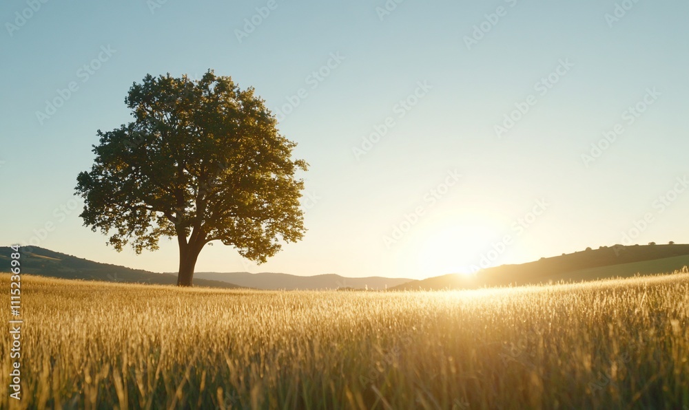 Fototapeta premium Solitary tree in golden wheat field at sunset.