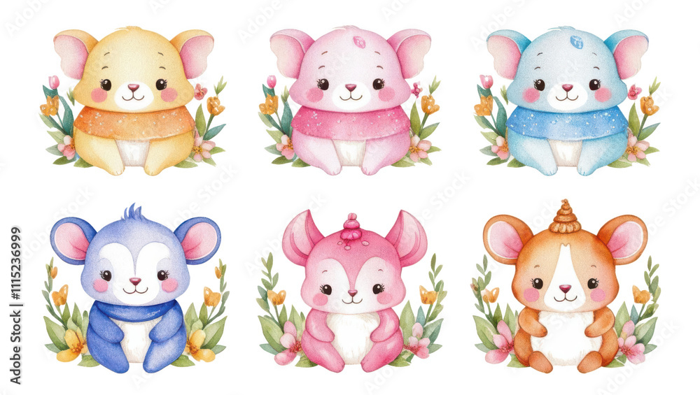 Obraz premium Cute cartoon animals in pastel colors surrounded by plants on a black background.