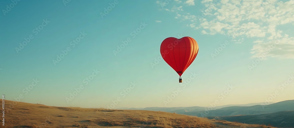 Fototapeta premium red air balloon in the shape of heart against blue sky in a sunny bright day fly high Romantic trip on Valentine's Day. Sports and recreation travel theme. Nature background, empty space