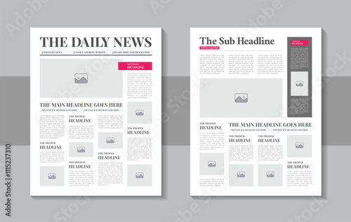 Daily newspaper journal design template, classic newspaper layout or magazine template with editable headlines quotes text articles