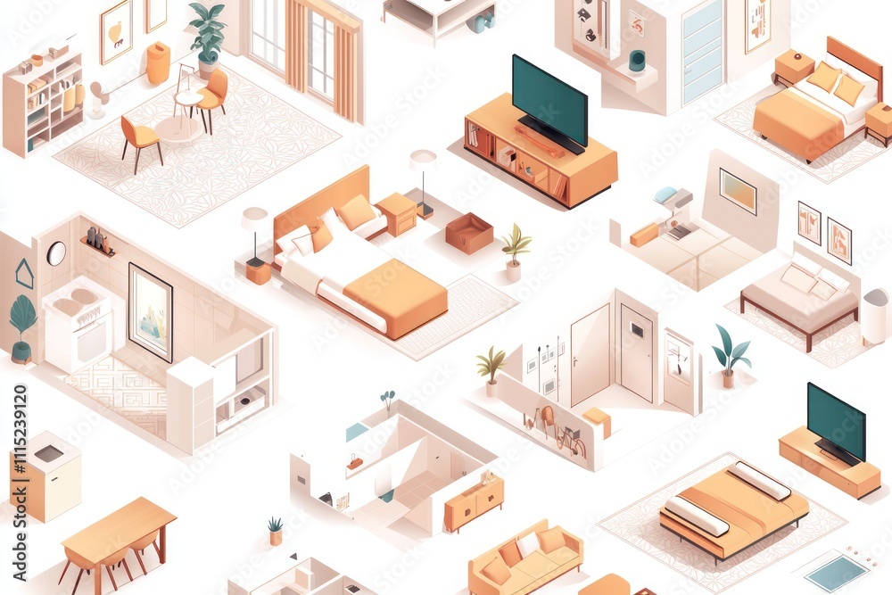 Fototapeta premium 3D isometric illustrations of cozy apartment rooms, using warm, welcoming tones.