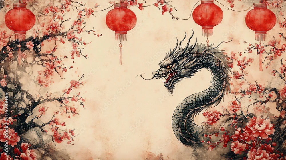 Obraz premium A vibrant watercolor illustration featuring a majestic Chinese dragon amidst cherry blossoms and lanterns, perfect for Chinese New Year celebrations and cultural events.