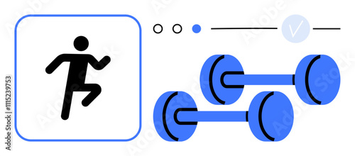 Person running symbol, two blue dumbbells on the right side. Ideal for gym memberships, workout plans, fitness apps, personal training, health blogs, sports clubs wellness programs. Line metaphor