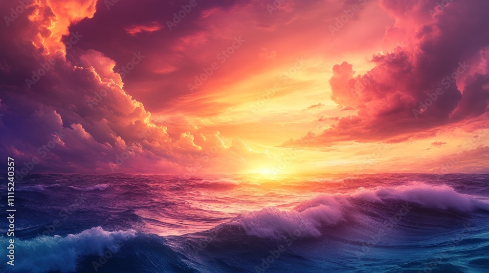 Fototapeta premium Fiery Sunset over Dramatic Ocean Waves