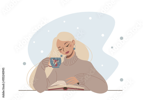 Beautiful blonde girl reading a book and drinking coffee. Vector winter cozy illustration in a flat style. Portrait of nice elegance young woman with a long hairs. Lady with a cup of hot drink.