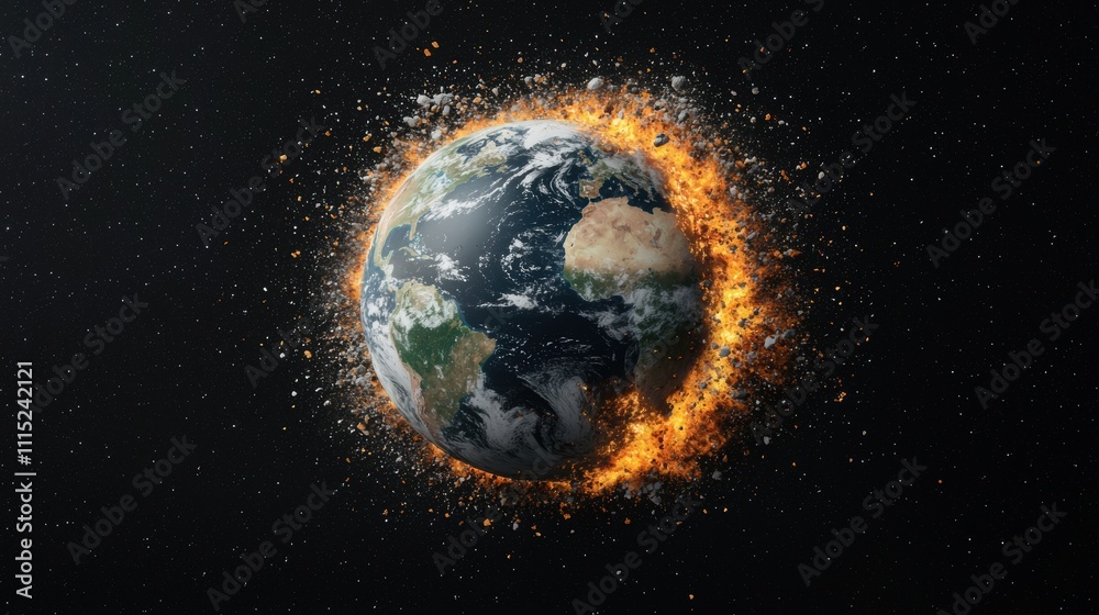 Naklejka premium Earth engulfed in a fiery explosion, surrounded by fragments and debris in outer space, illustrating planetary destruction