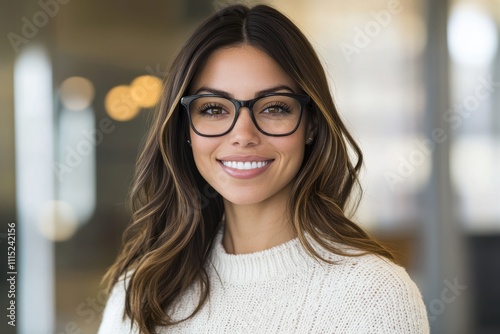 Professional woman office setting black-framed glasses white knit sweater confident smile brunette hair soft lighting blurred background Free Download Professional woman office setting black-framed glasses white knit sweater confident smile brunette hair soft lighting blurred background - GFXLoad