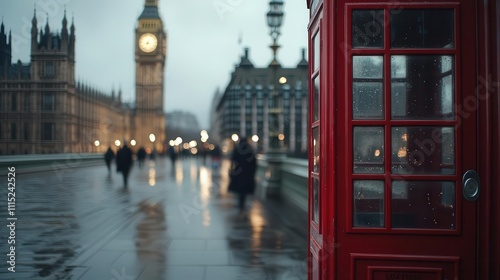 A classic red phone booth in London with Big Ben visible through the glass