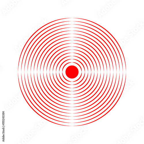 Red concentric circles. Pain localization icon. Sore or inflammation symbol. Vibration, radiation or shockwave sign. Radar or sound signal pictogram isolated on white background. Vector illustration.