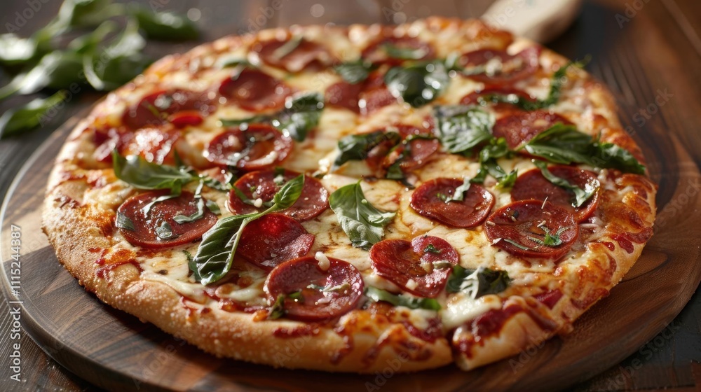 A delicious pizza topped with pepperoni and fresh basil leaves.