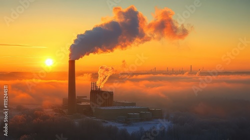 Sunset Over Smokestack in Winter Wonderland photo