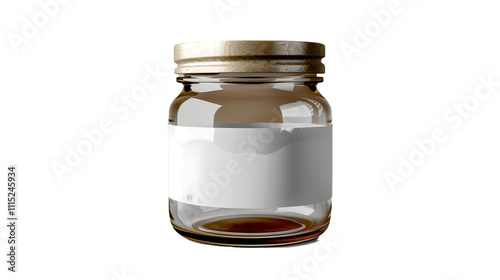 Blank small glass jar with white label mockup lying, isolated on a transparent background photo