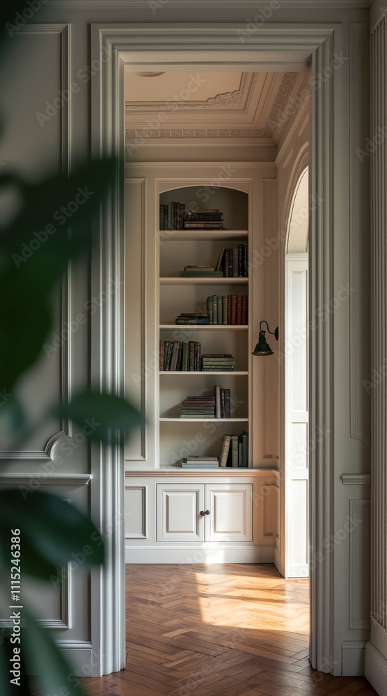 Fototapeta premium sunlit alcove with a built- bookshelf a classically styled room