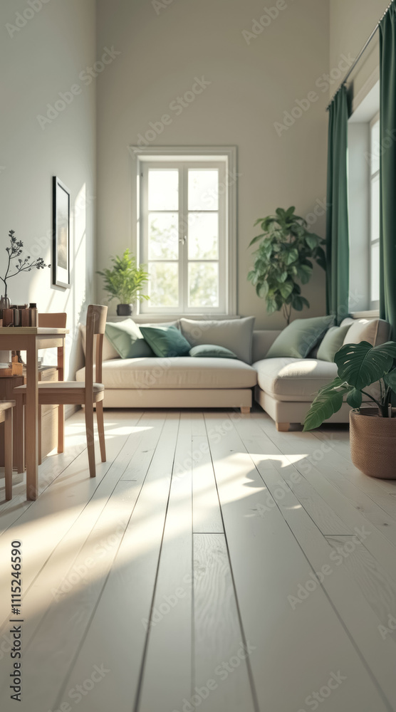 Fototapeta premium sunlit living room with beige sectional teal accents