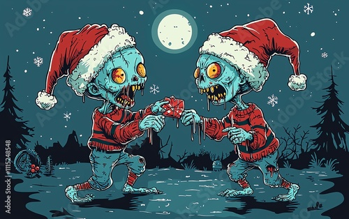 Cartoon zombie elves making ugly Christmas sweaters, comically gross holiday design